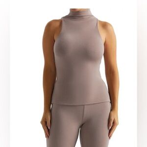 NAKED WARDROBE Sleeveless Mock Neck Sculpted Top in Taupe Size Large